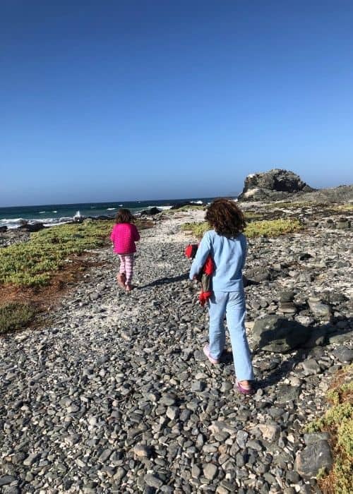 Dos niñas acampando en un camino rocoso cerca del océano.